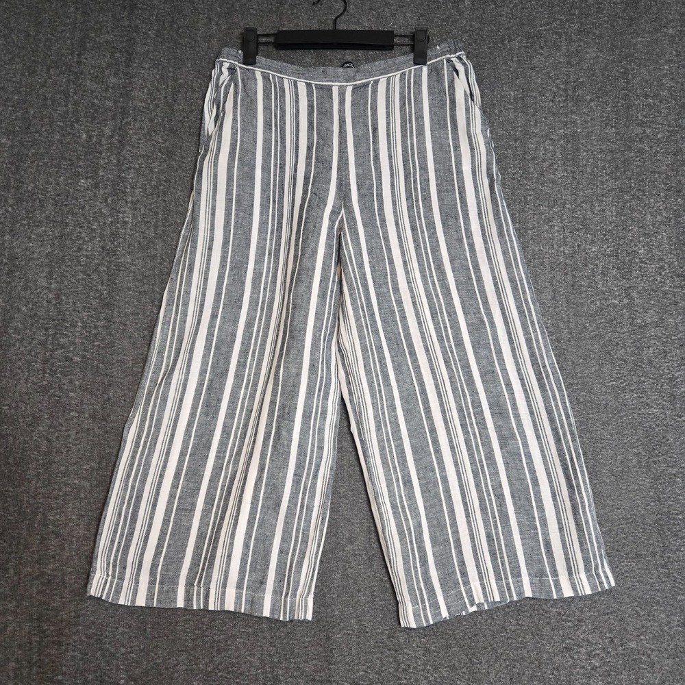 Ellen Tracy Pants Womens Medium White Grey 100% Linen Lagenlook Wide Leg Beachy